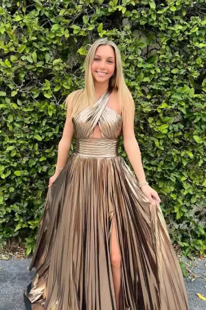 A Line Halter Neck Metallic Satin Pleat Prom Dresses