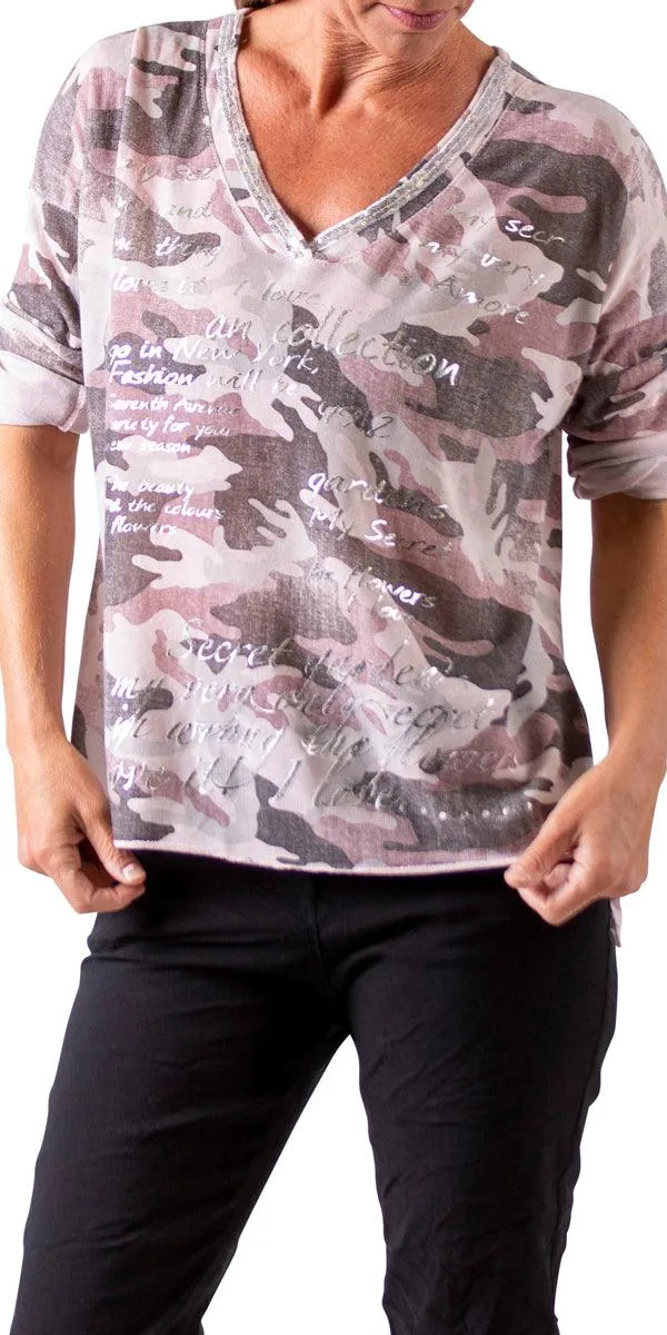 Alana Camo Sweater with Writing