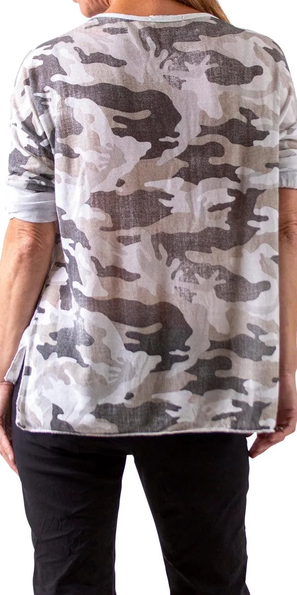 Alana Camo Sweater with Writing