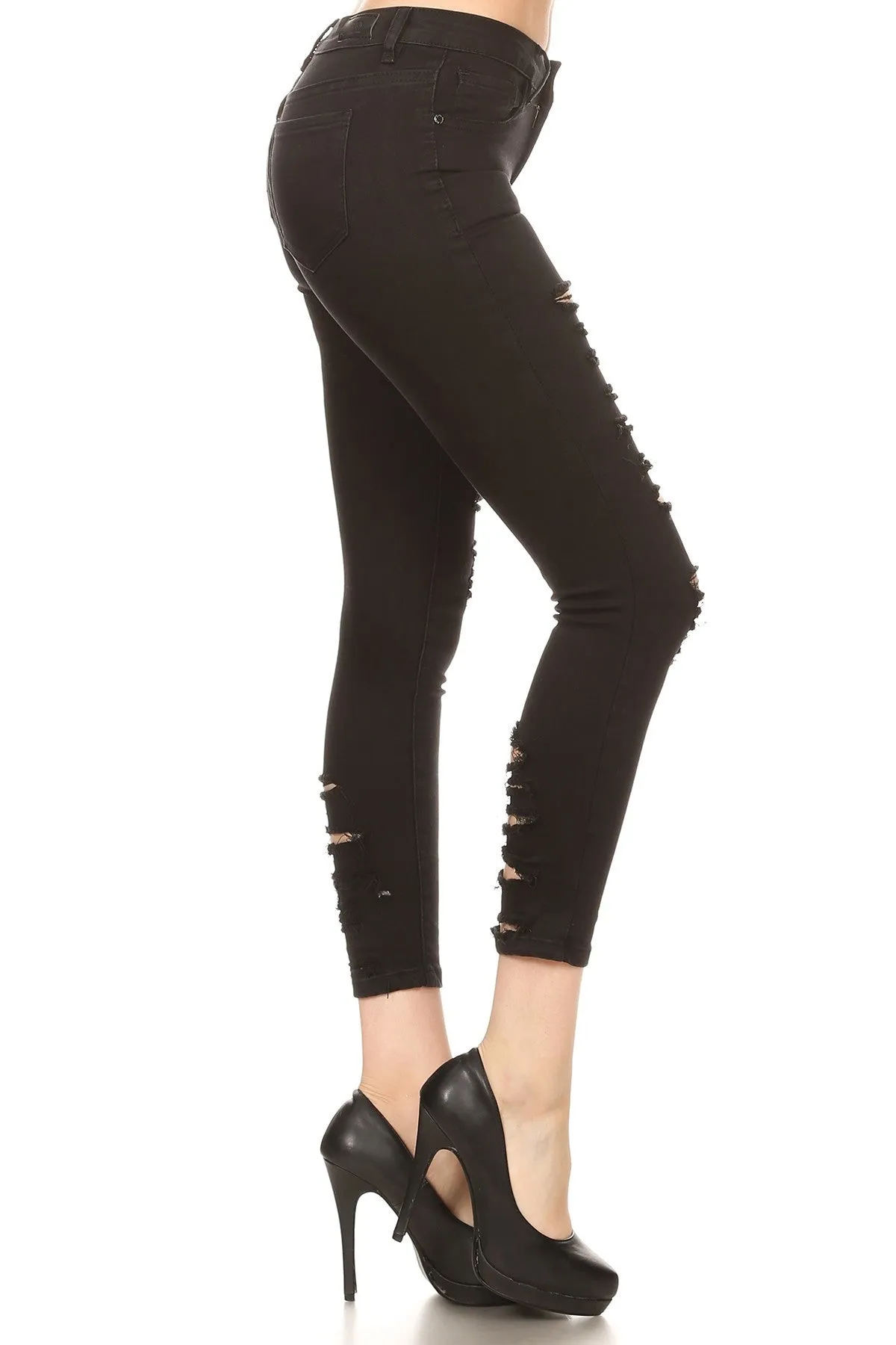 Black Denim Low Rise Jeans With Slashes