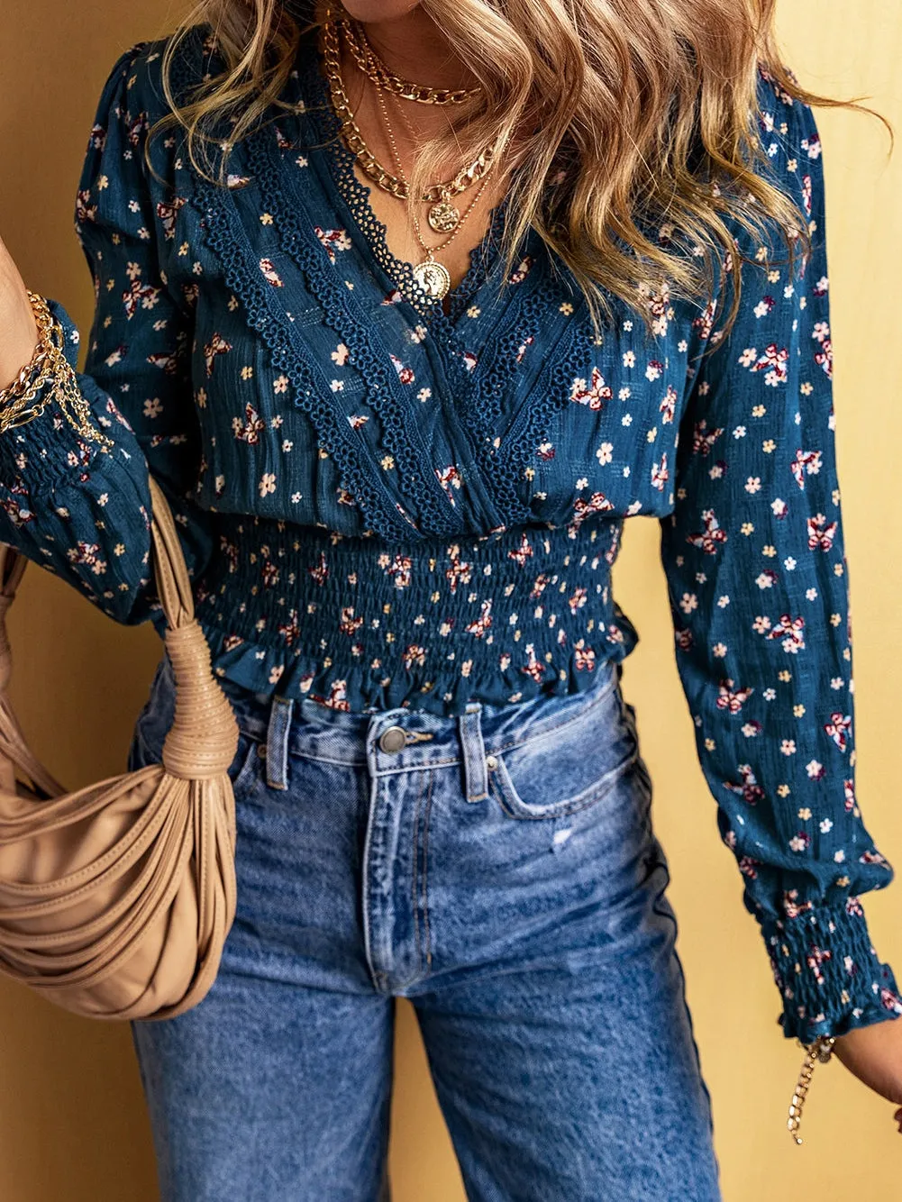 Blue Floral Lace Trim V Neck Smocked Long Sleeve Blouse