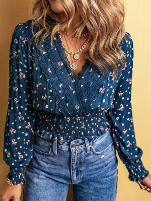 Blue Floral Lace Trim V Neck Smocked Long Sleeve Blouse