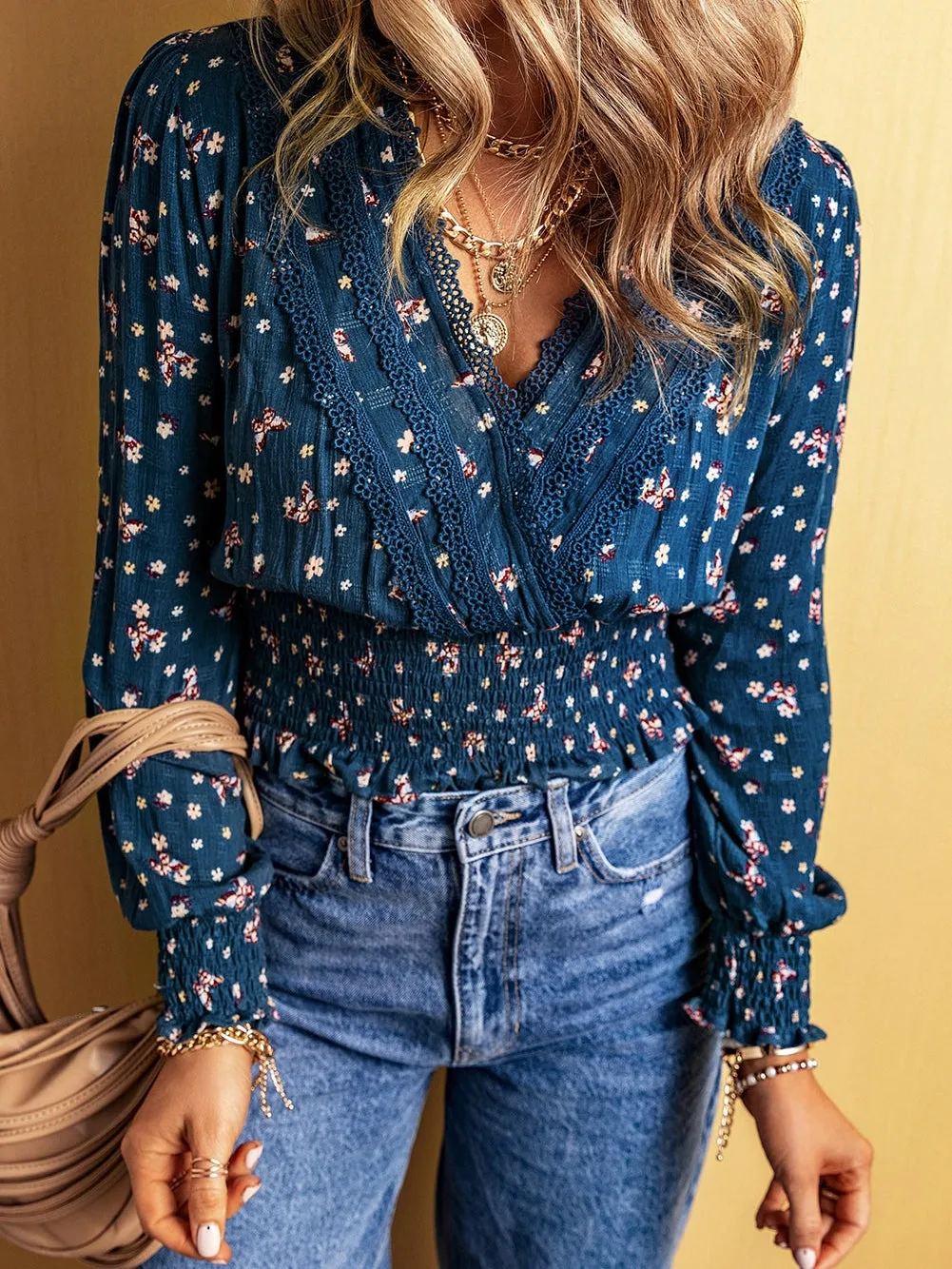 Blue Floral Lace Trim V Neck Smocked Long Sleeve Blouse