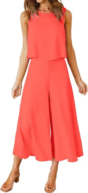 Bright Orange Women's Summer 2 Piece Outfits Round Neck Crop Basic Top Cropped Wide Leg Pants Set Jumpsuits - ROYLAMP