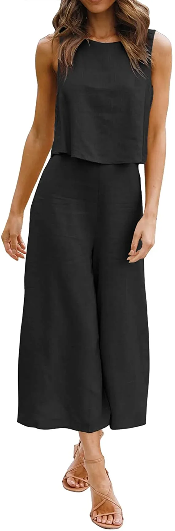 Bright Orange Women's Summer 2 Piece Outfits Round Neck Crop Basic Top Cropped Wide Leg Pants Set Jumpsuits - ROYLAMP