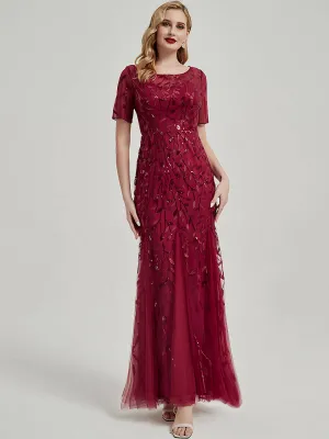 Burgundy Sheer Sleeves Floor Length Sequin Tulle Mermaid Evening Dress