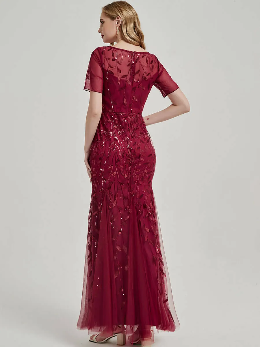 Burgundy Sheer Sleeves Floor Length Sequin Tulle Mermaid Evening Dress
