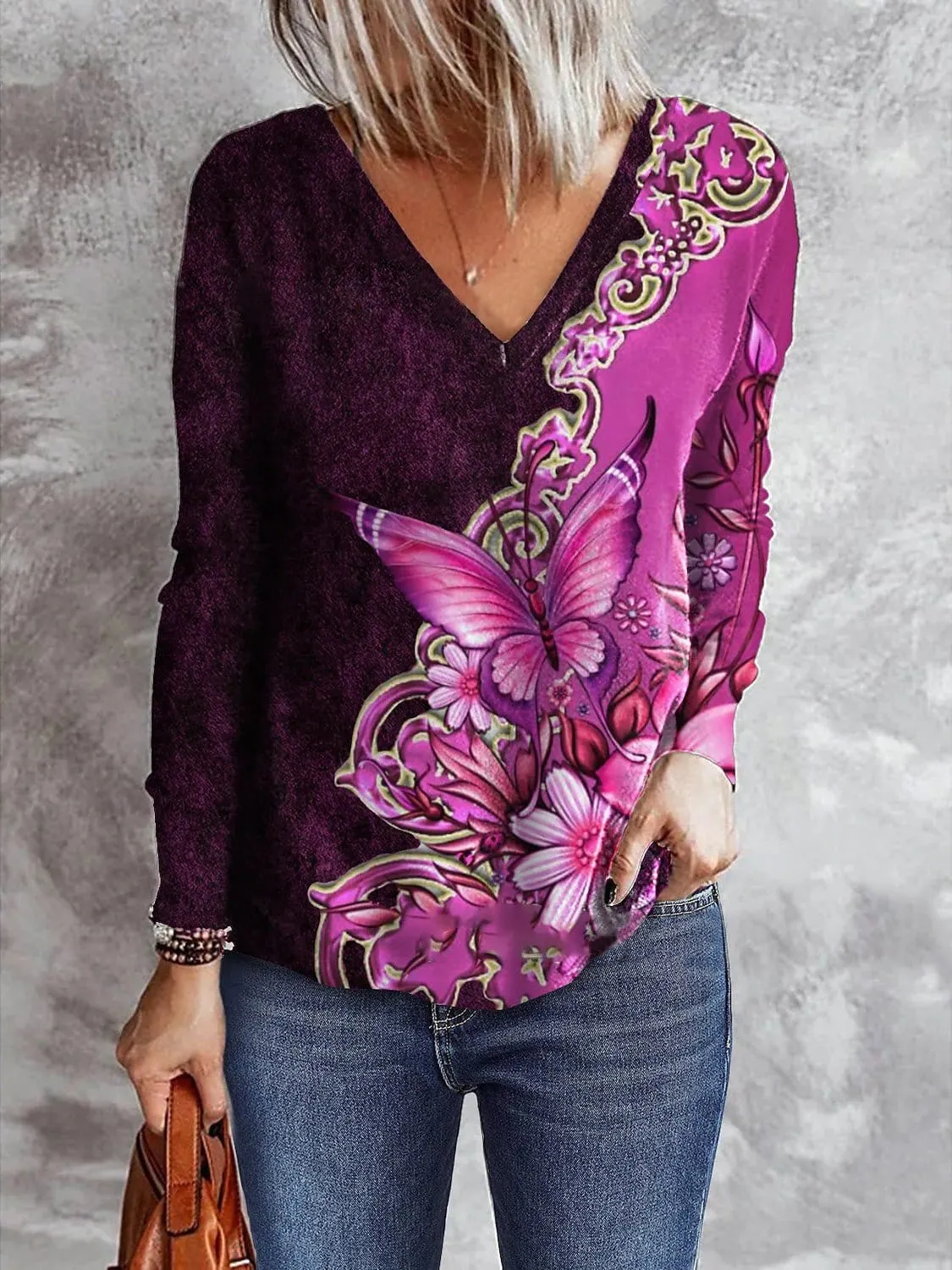 Casual Butterfly Print Long Sleeve T-Shirt