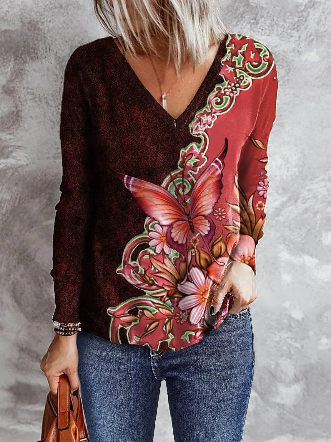 Casual Butterfly Print Long Sleeve T-Shirt