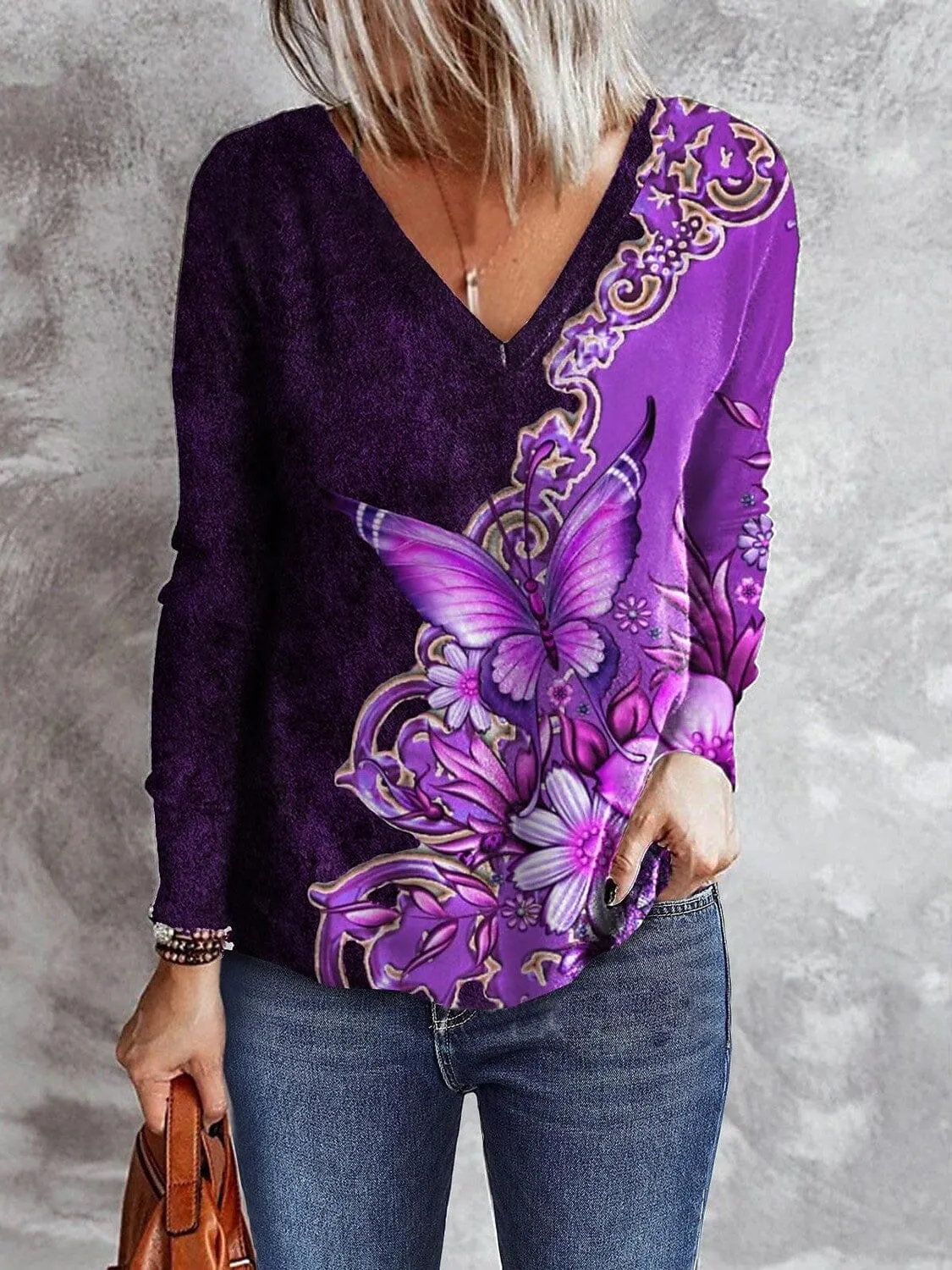 Casual Butterfly Print Long Sleeve T-Shirt