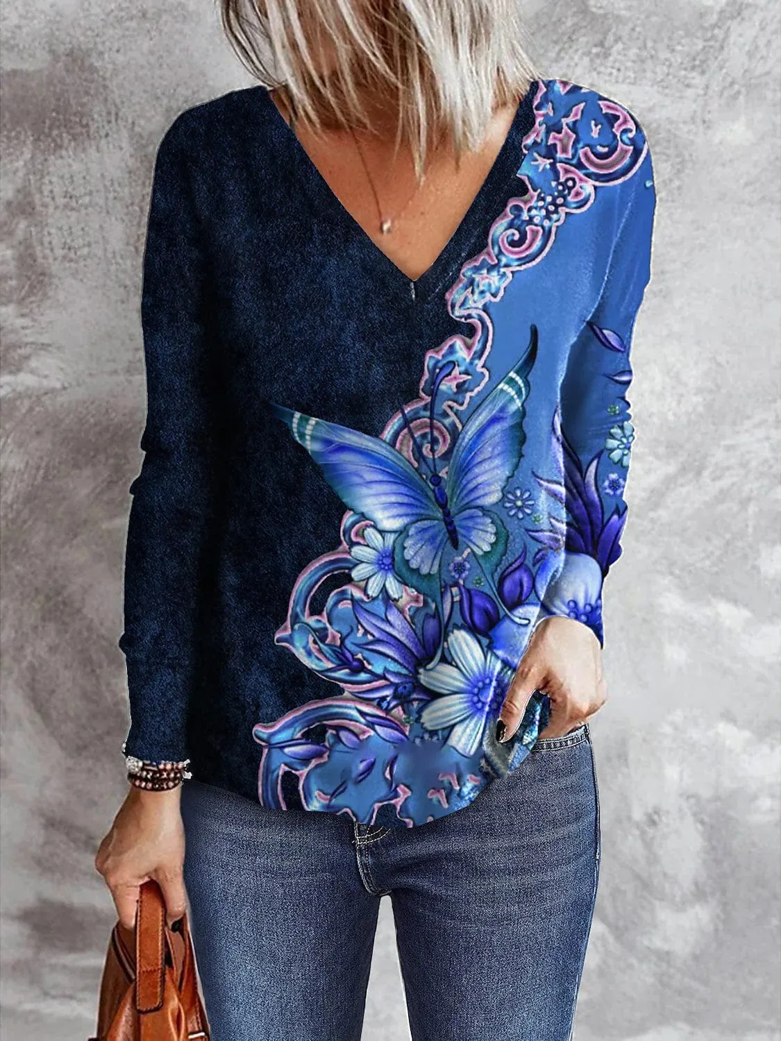 Casual Butterfly Print Long Sleeve T-Shirt