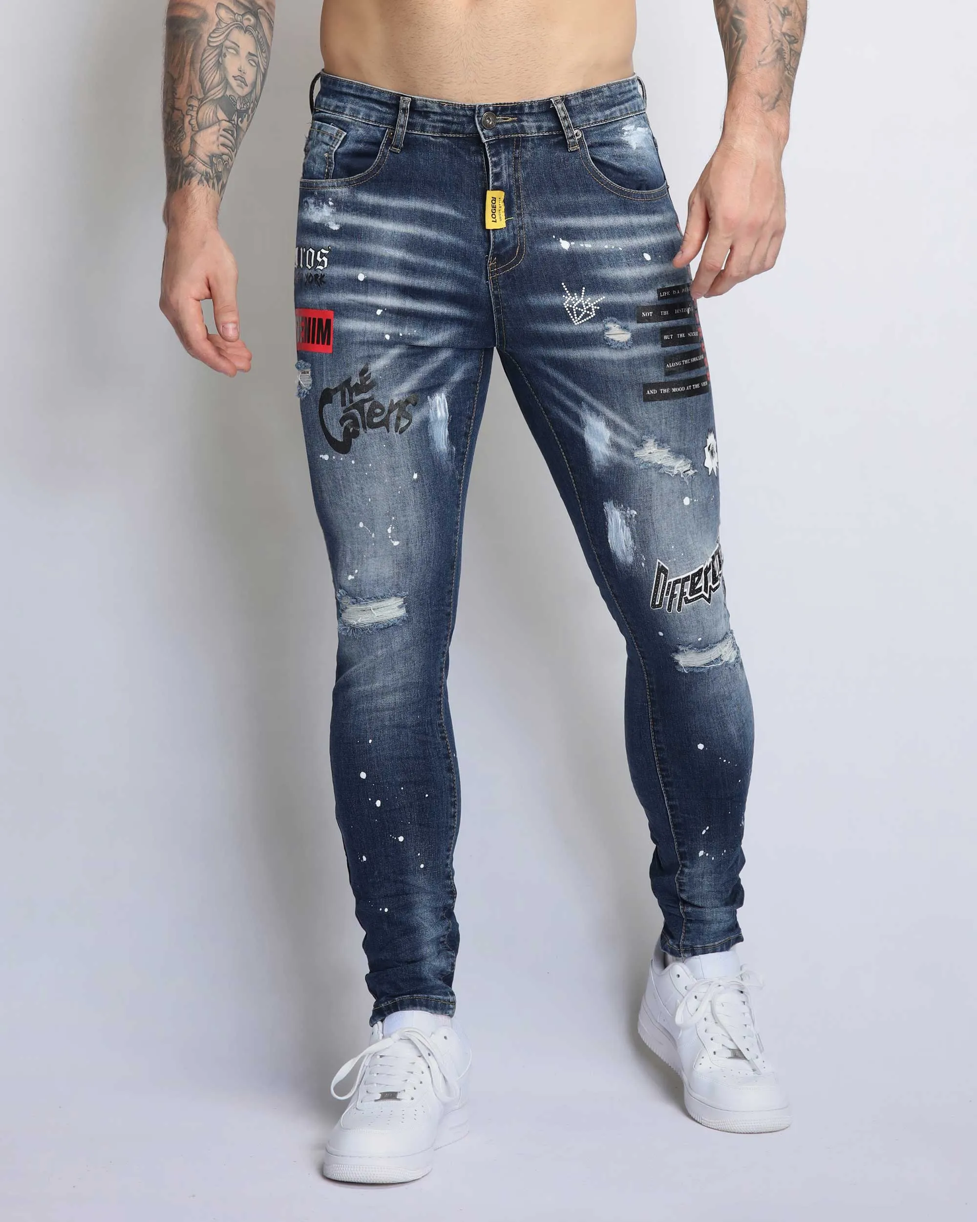 Dark Blue Ripped Jeans with Graffiti Printing