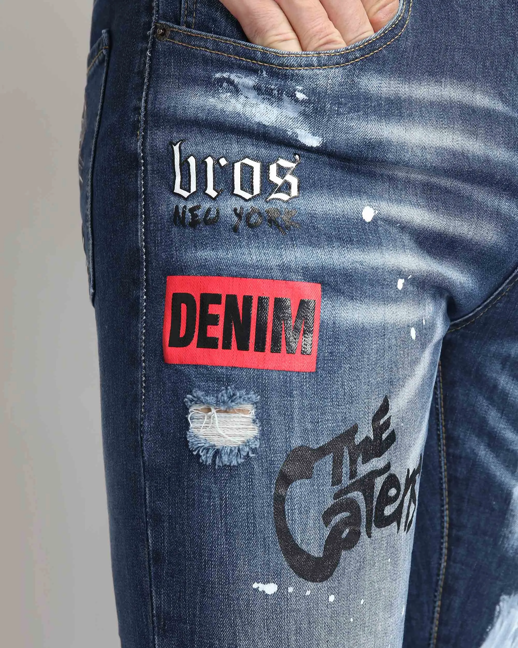 Dark Blue Ripped Jeans with Graffiti Printing