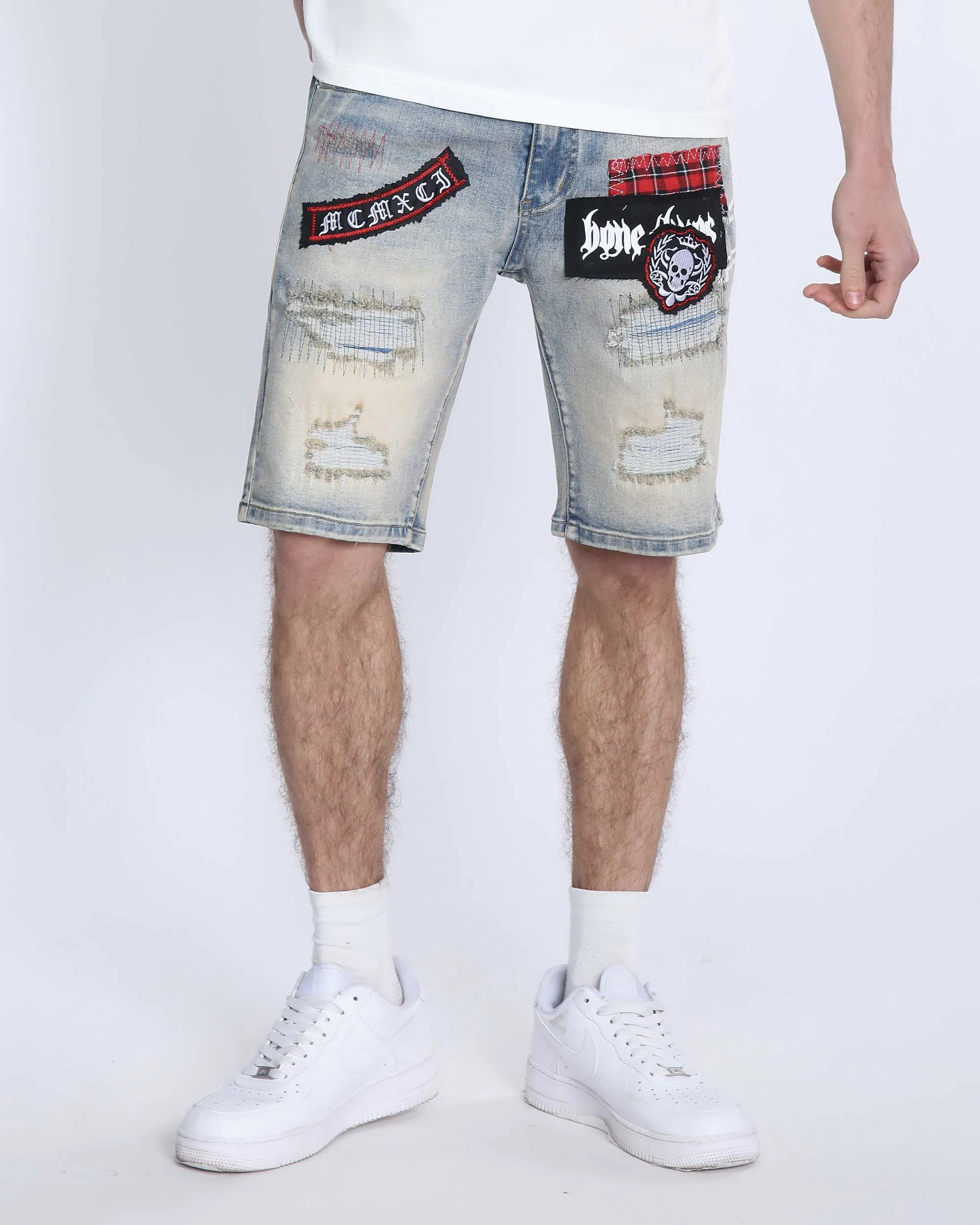 Distressed Denim Shorts with Gothic Skull Badge-Mexico Local Delivery
