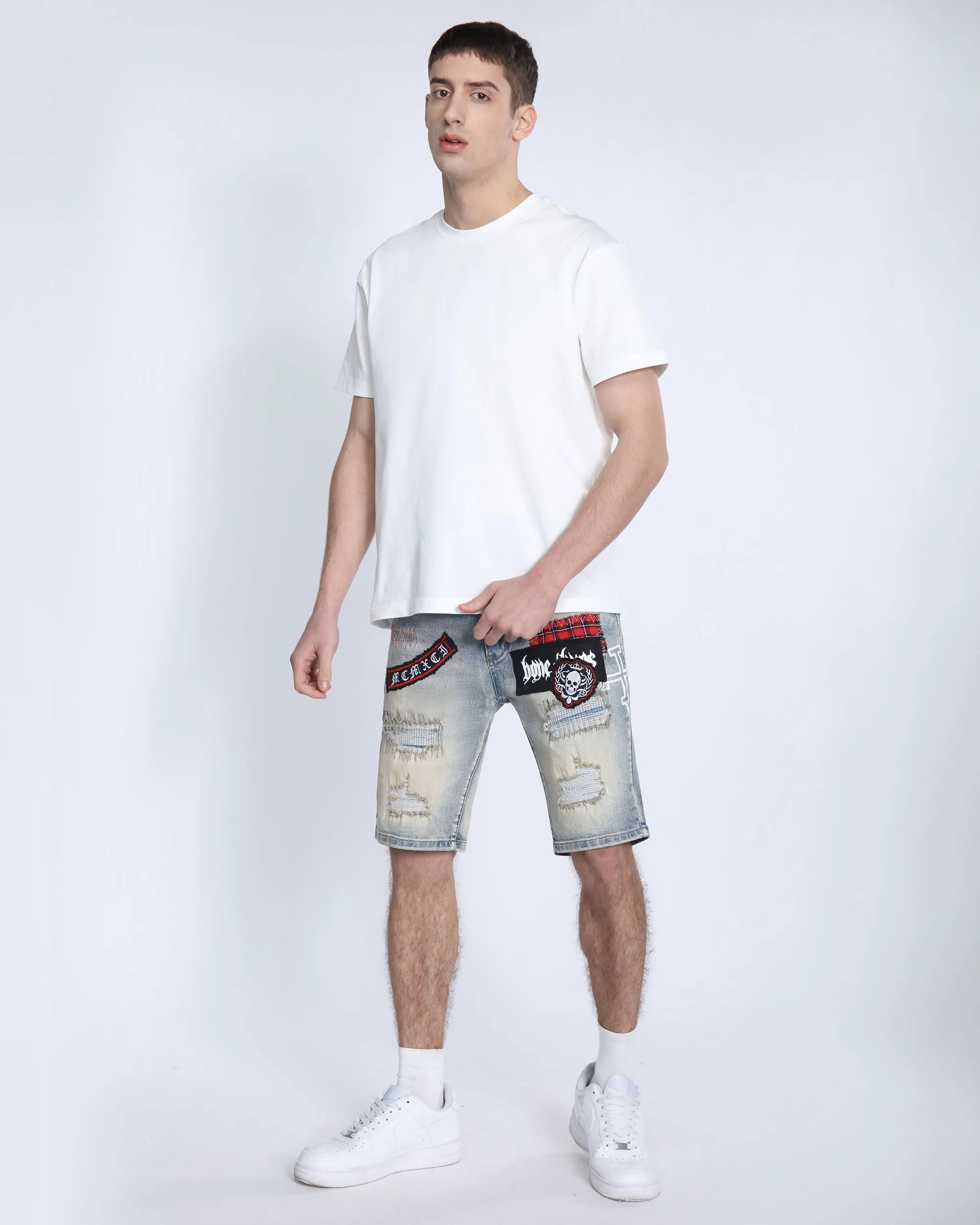 Distressed Denim Shorts with Gothic Skull Badge-Mexico Local Delivery