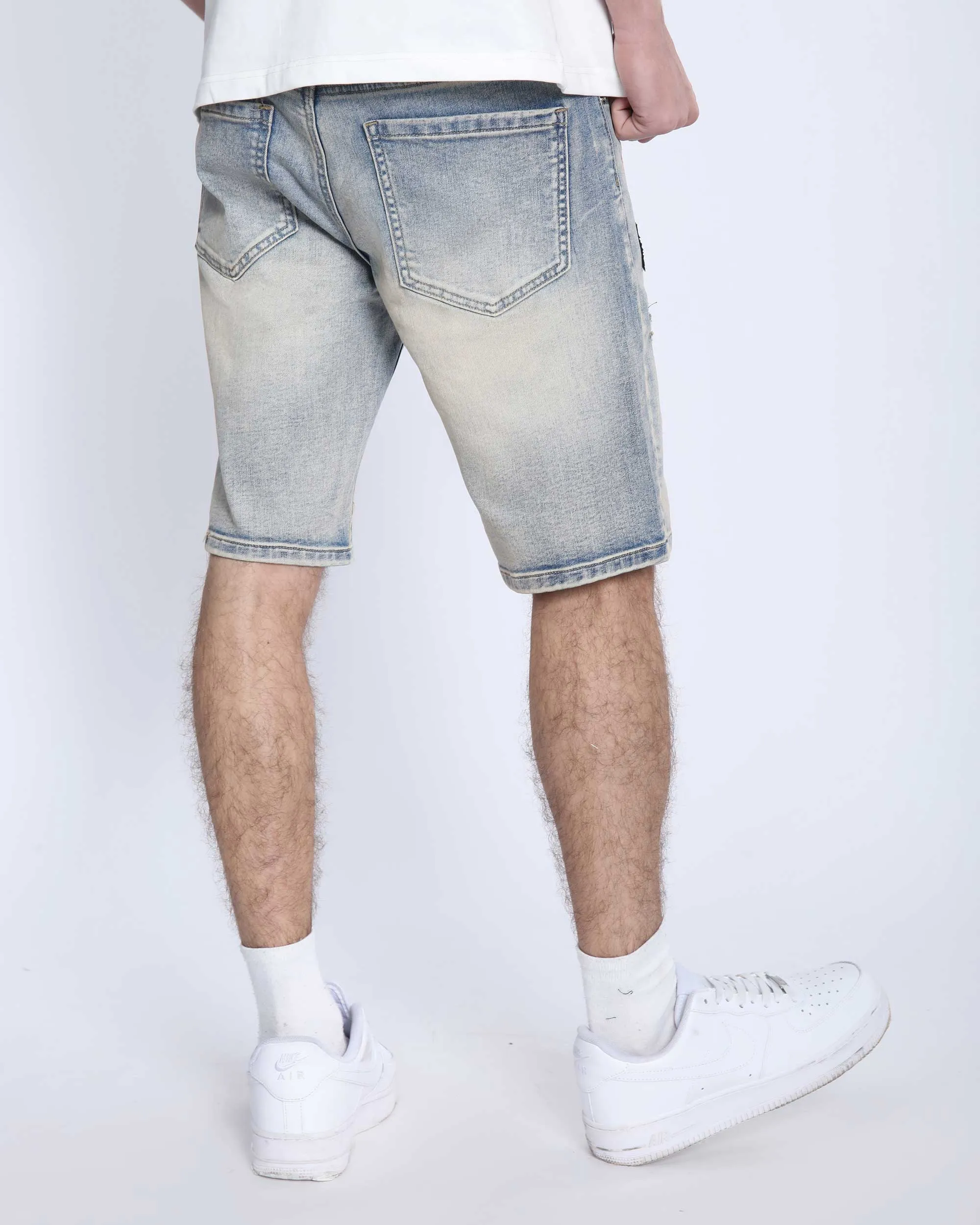 Distressed Denim Shorts with Gothic Skull Badge-Mexico Local Delivery