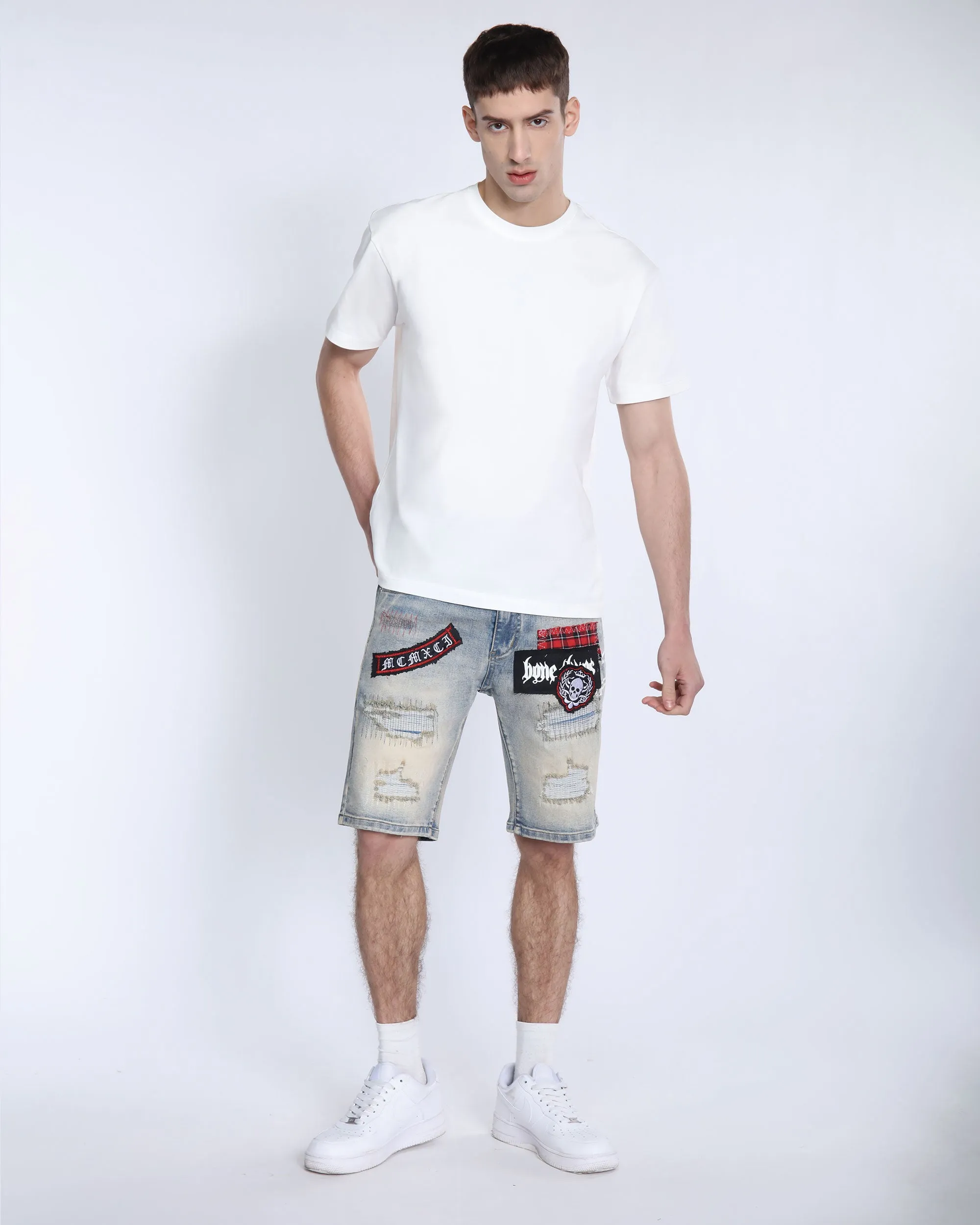 Distressed Denim Shorts with Gothic Skull Badge-Mexico Local Delivery