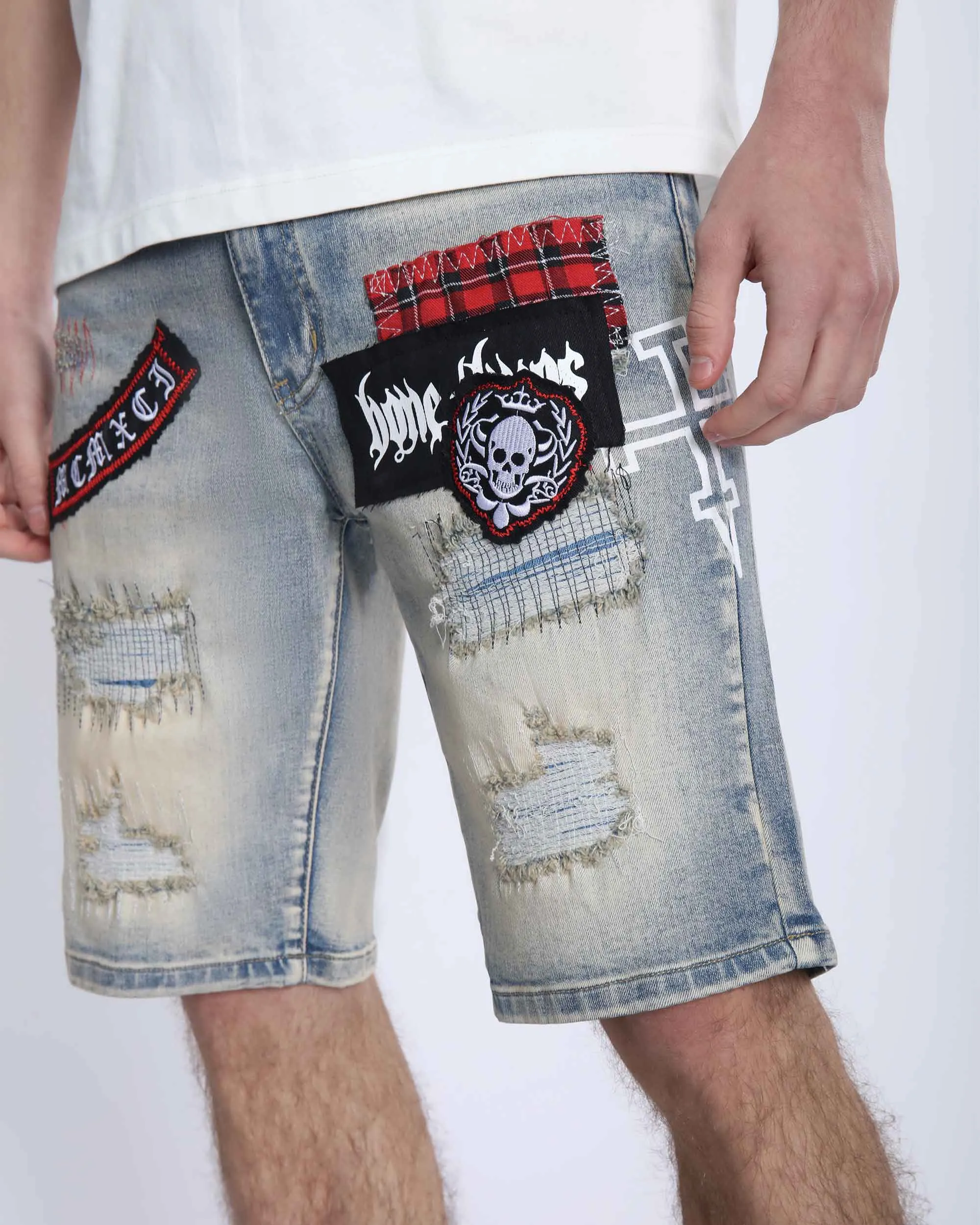 Distressed Denim Shorts with Gothic Skull Badge-Mexico Local Delivery