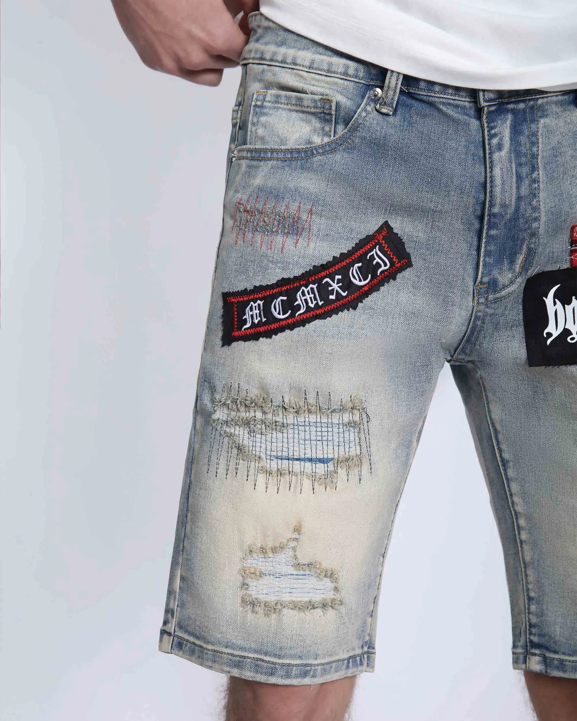 Distressed Denim Shorts with Gothic Skull Badge-Mexico Local Delivery