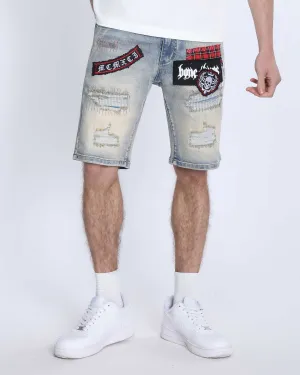 Distressed Denim Shorts with Gothic Skull Badge-Mexico Local Delivery