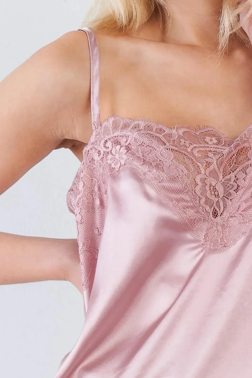 Dusty Rose Pink Satin Lace V-Neck Adjustable Cami Top