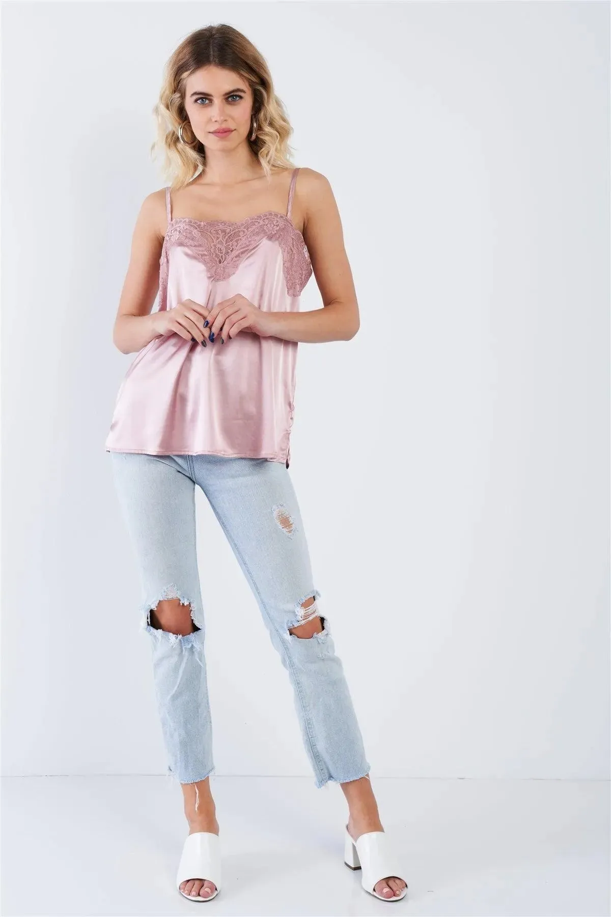 Dusty Rose Pink Satin Lace V-Neck Adjustable Cami Top