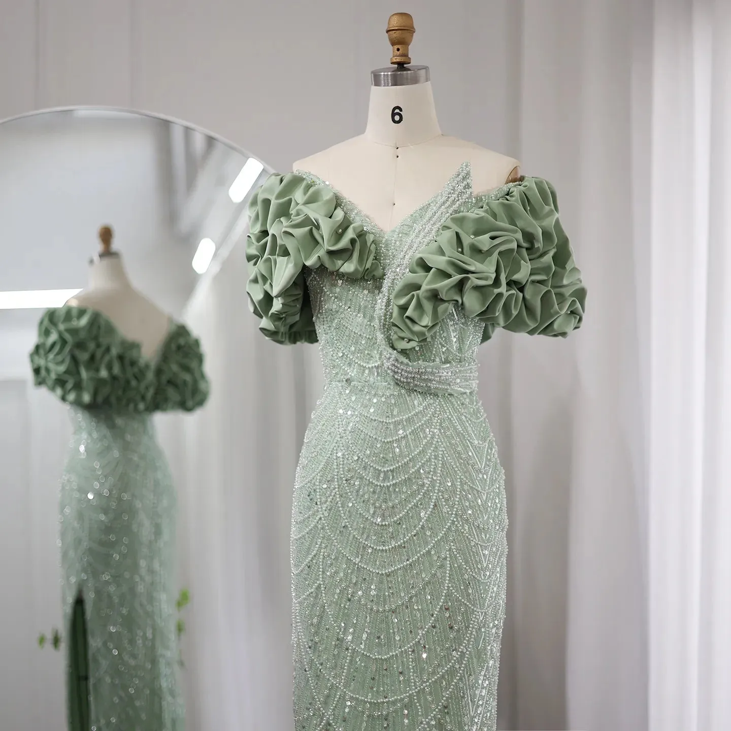 Elegant Off Shoulder Mermaid Sage Green Slit Evening Dress SS288