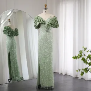 Elegant Off Shoulder Mermaid Sage Green Slit Evening Dress SS288