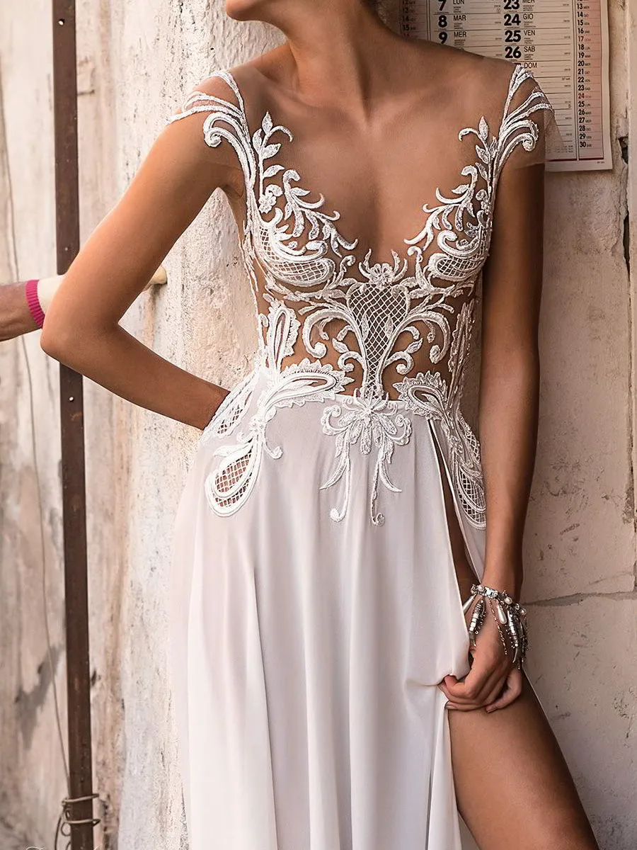 Embroidered Hollow Elegant Sexy Mesh Wedding Dress