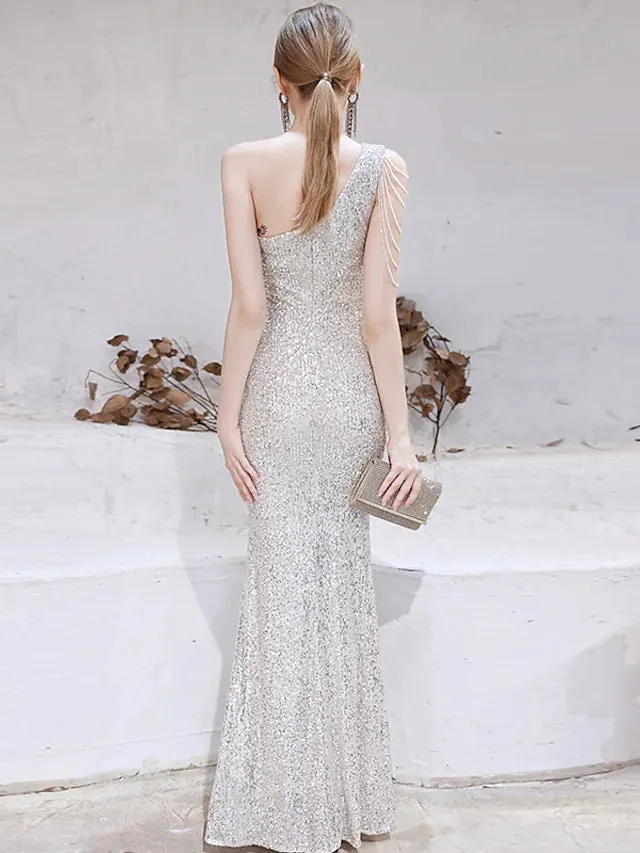 Evening Gown Sparkle Dress Wedding Guest Floor Length Sleeveless One Shoulder Sequined with Beading Sequin