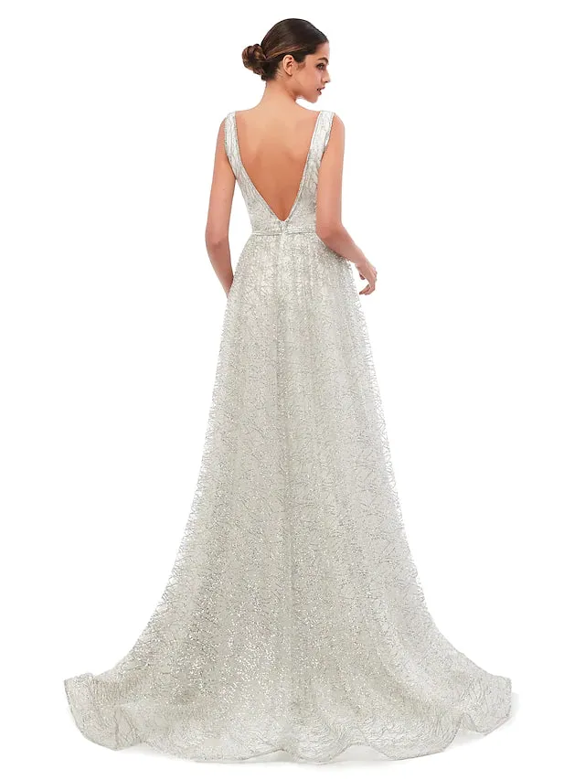 Evening Gown Vintage Dress Prom Court Train Sleeveless Illusion Neck Sequined with Sequin