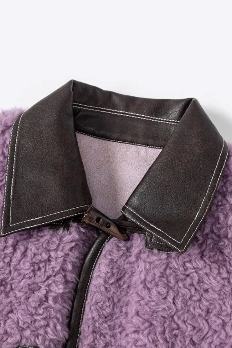 Faux Shearling Teddy Wool Toggle Jacket with Leather Collar