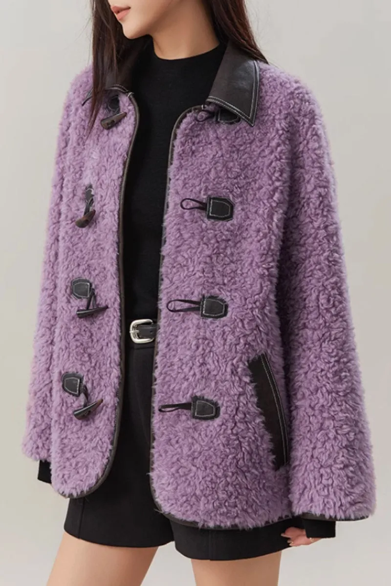 Faux Shearling Teddy Wool Toggle Jacket with Leather Collar
