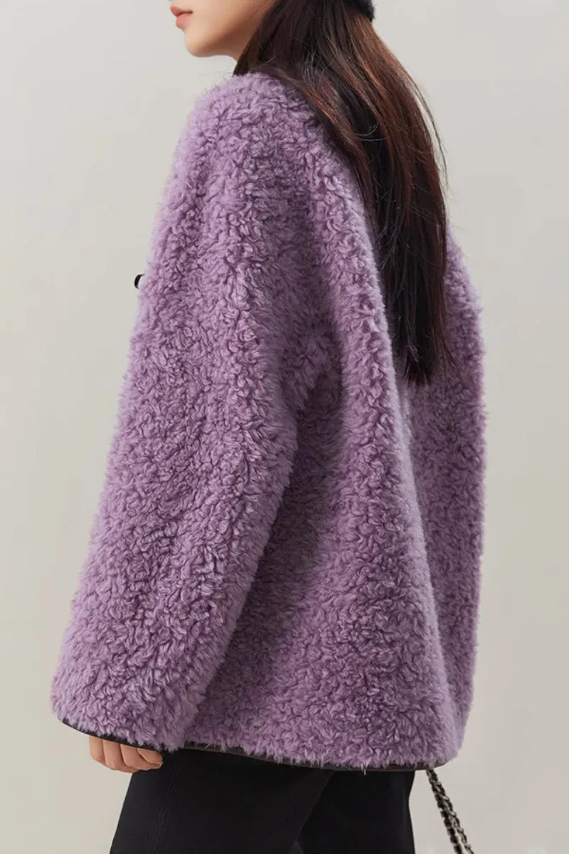 Faux Shearling Teddy Wool Toggle Jacket with Leather Collar