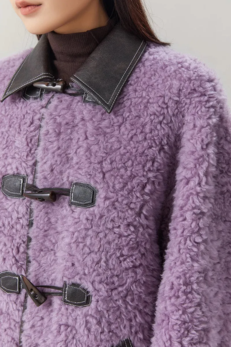 Faux Shearling Teddy Wool Toggle Jacket with Leather Collar