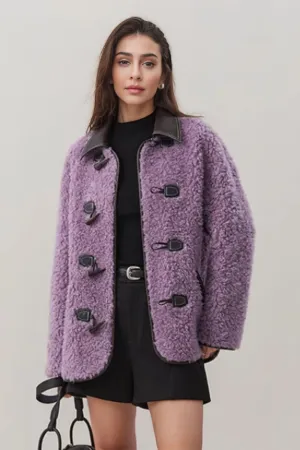 Faux Shearling Teddy Wool Toggle Jacket with Leather Collar
