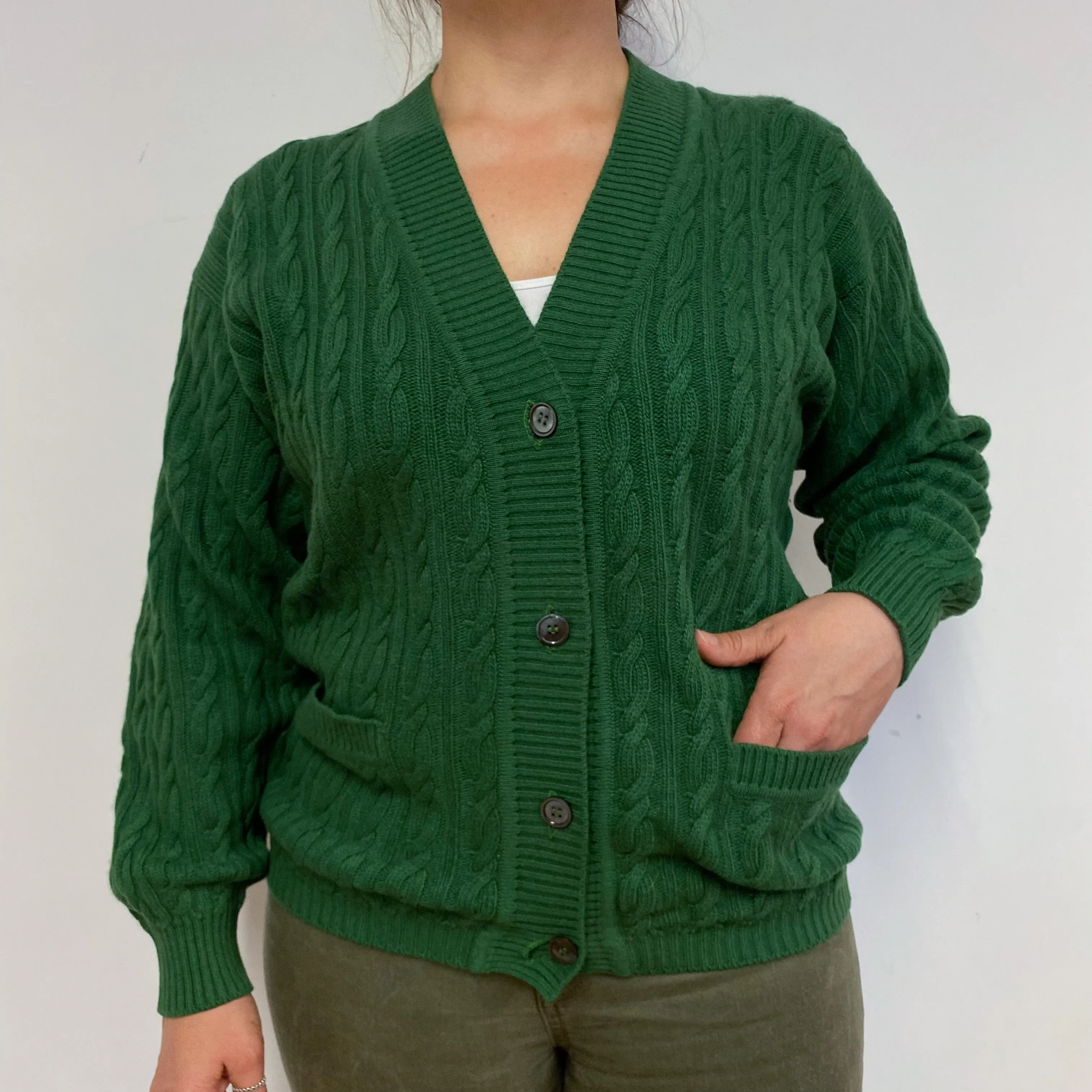 Fern Green Cable Knit V Neck Vintage Cardigan Large