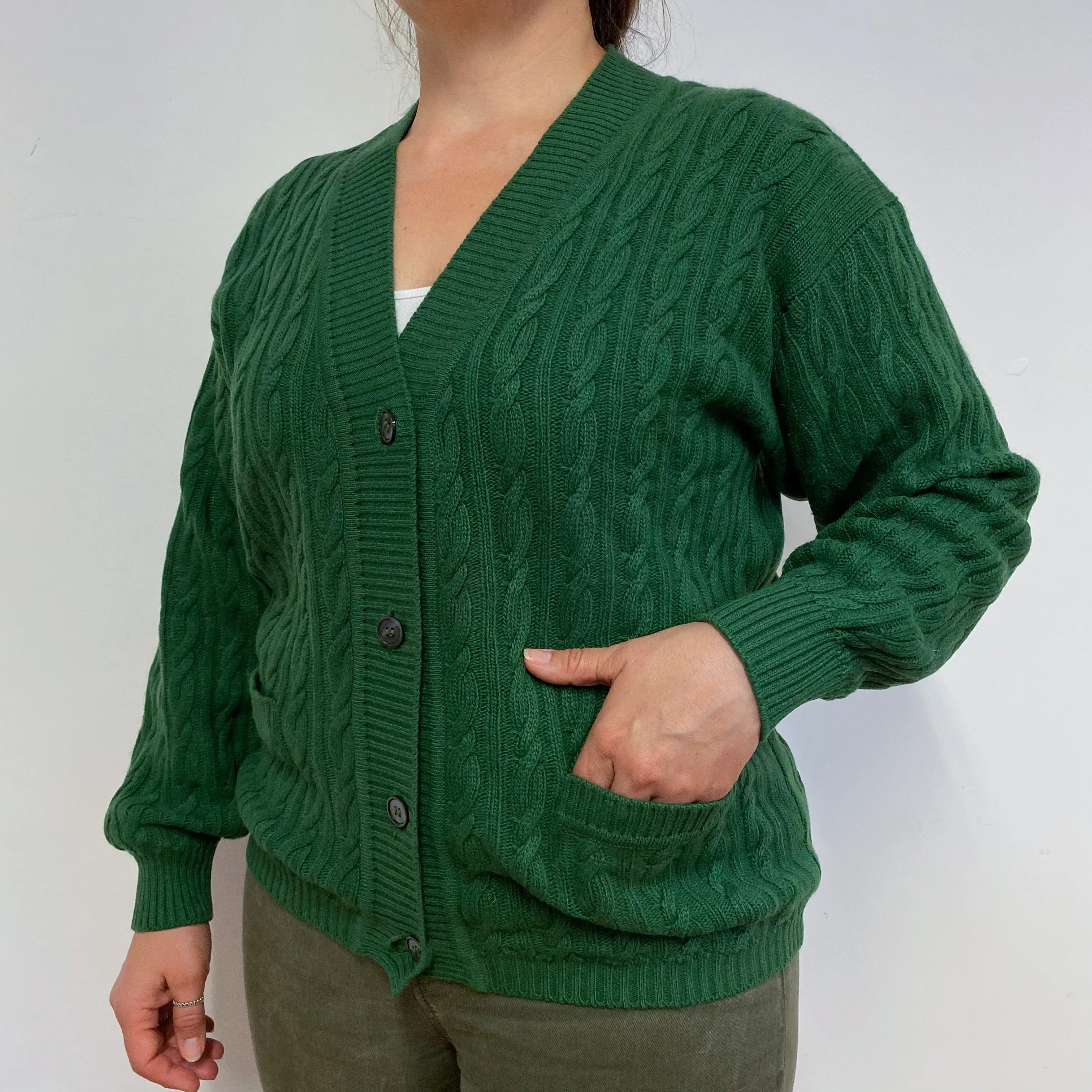Fern Green Cable Knit V Neck Vintage Cardigan Large