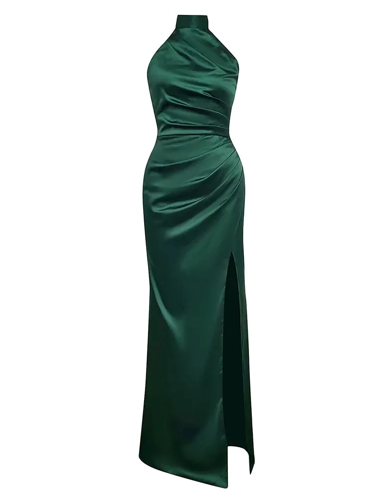 Giovanna Halter Satin High Slit Gown Dress