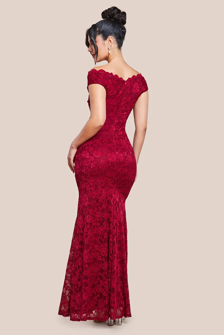 Goddiva Off The Shoulder Scalloped Neck Maxi Dress - Wine