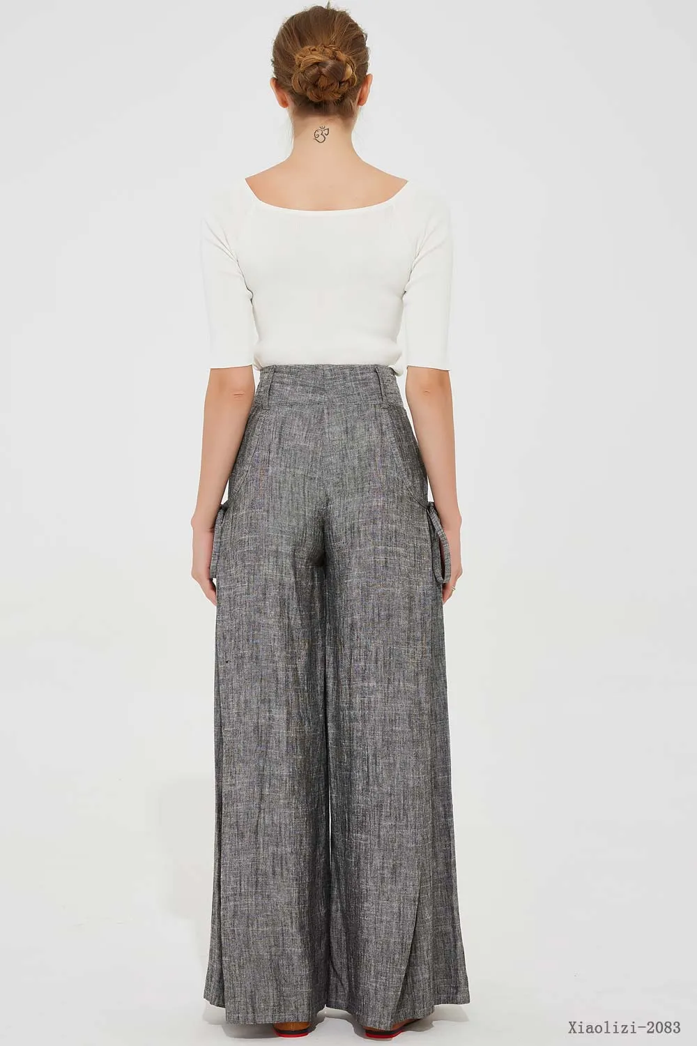 gray palazzo linen pants, wide leg pant 2083