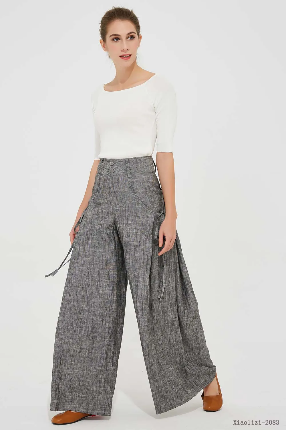 gray palazzo linen pants, wide leg pant 2083