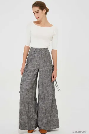 gray palazzo linen pants, wide leg pant 2083