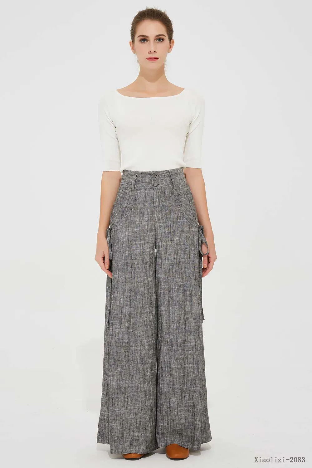 gray palazzo linen pants, wide leg pant 2083