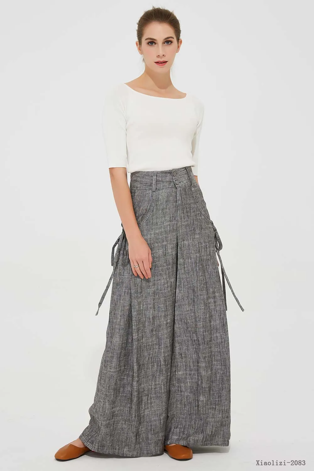gray palazzo linen pants, wide leg pant 2083