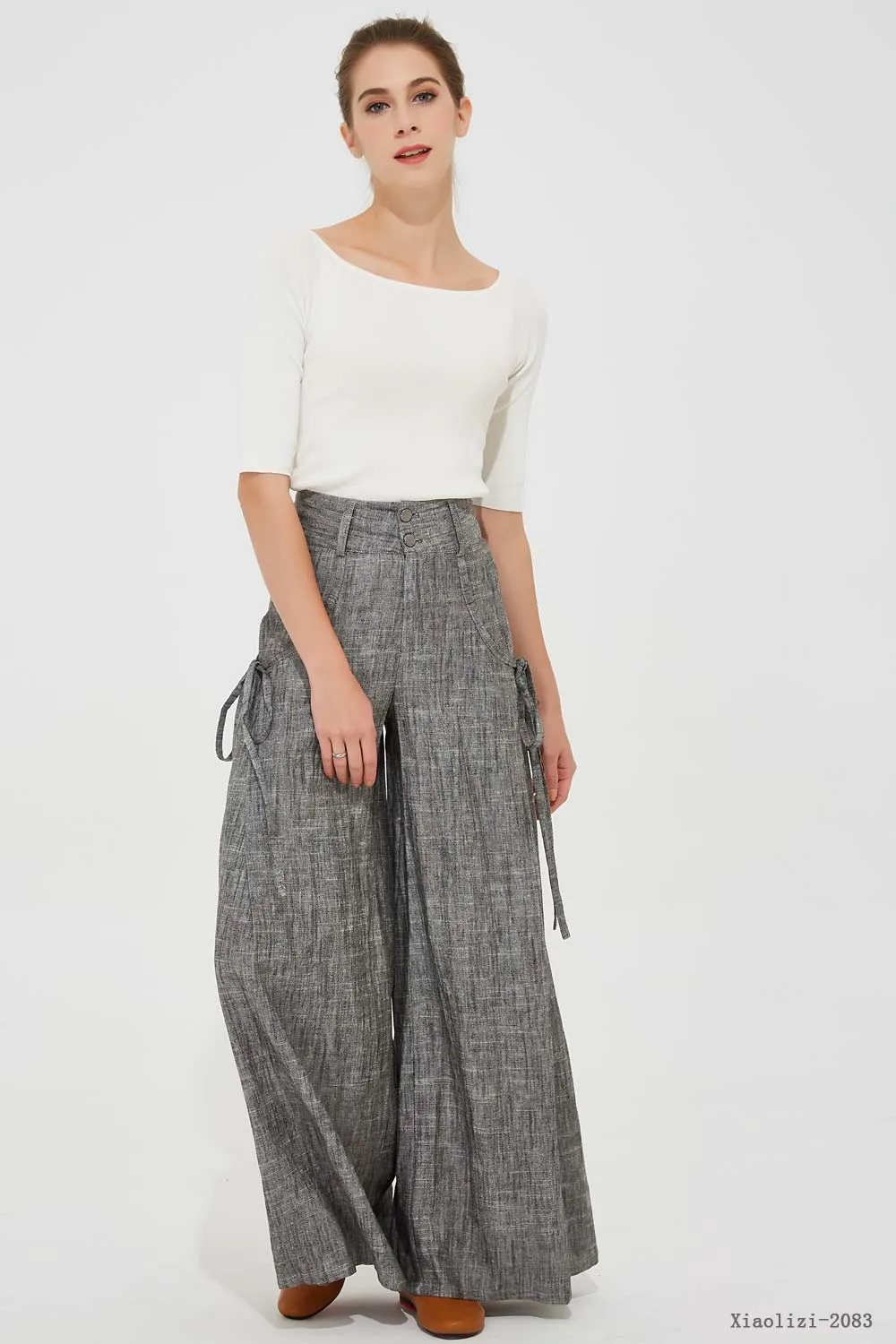 gray palazzo linen pants, wide leg pant 2083