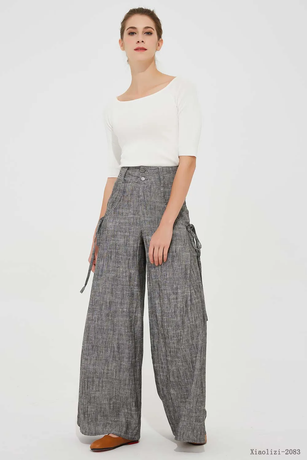 gray palazzo linen pants, wide leg pant 2083