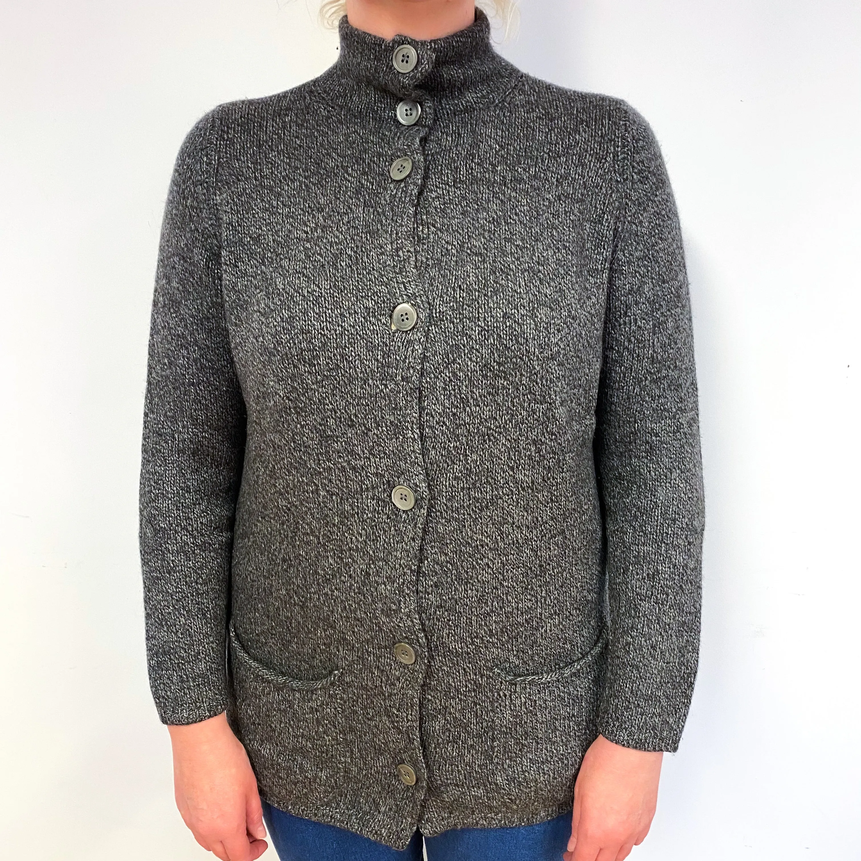 Grey Marl Chunky Cashmere Turtle Neck Cardigan Large