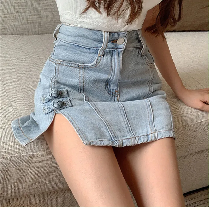 High Waist Split Mini Denim Skirt