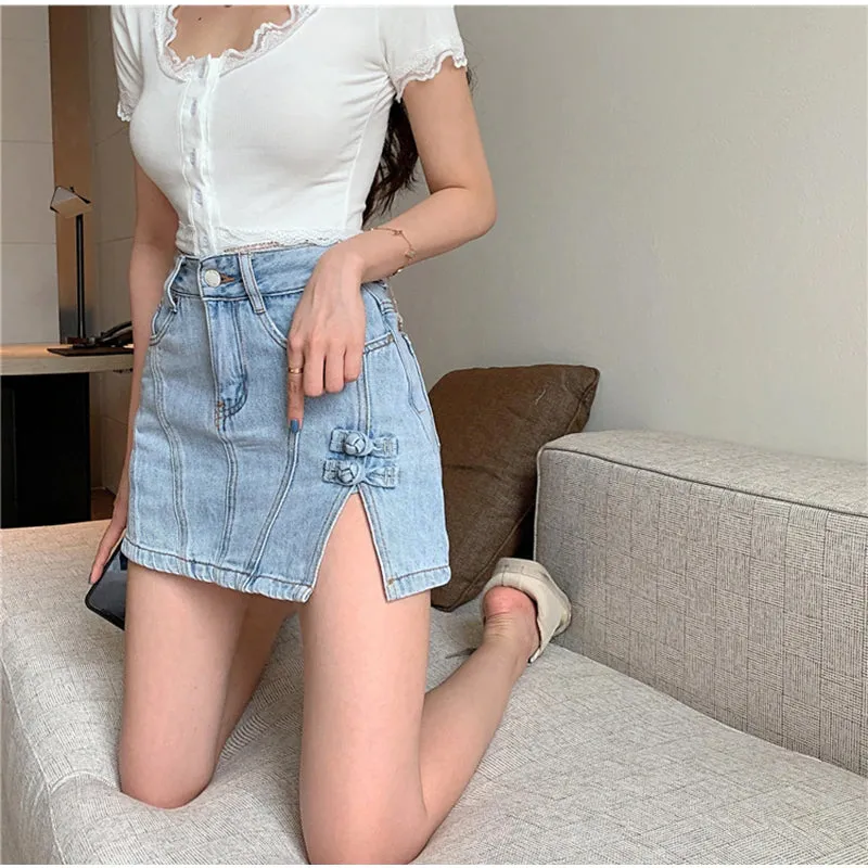 High Waist Split Mini Denim Skirt